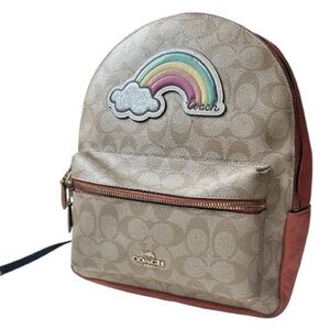 Coach Rainbow Patch Signature Canvas Mini Backpack tan coral